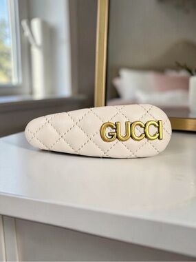 Hair Clip - Quilted Cream Vegan Leather Logo Hair Clip with Gold Hardware - NEW